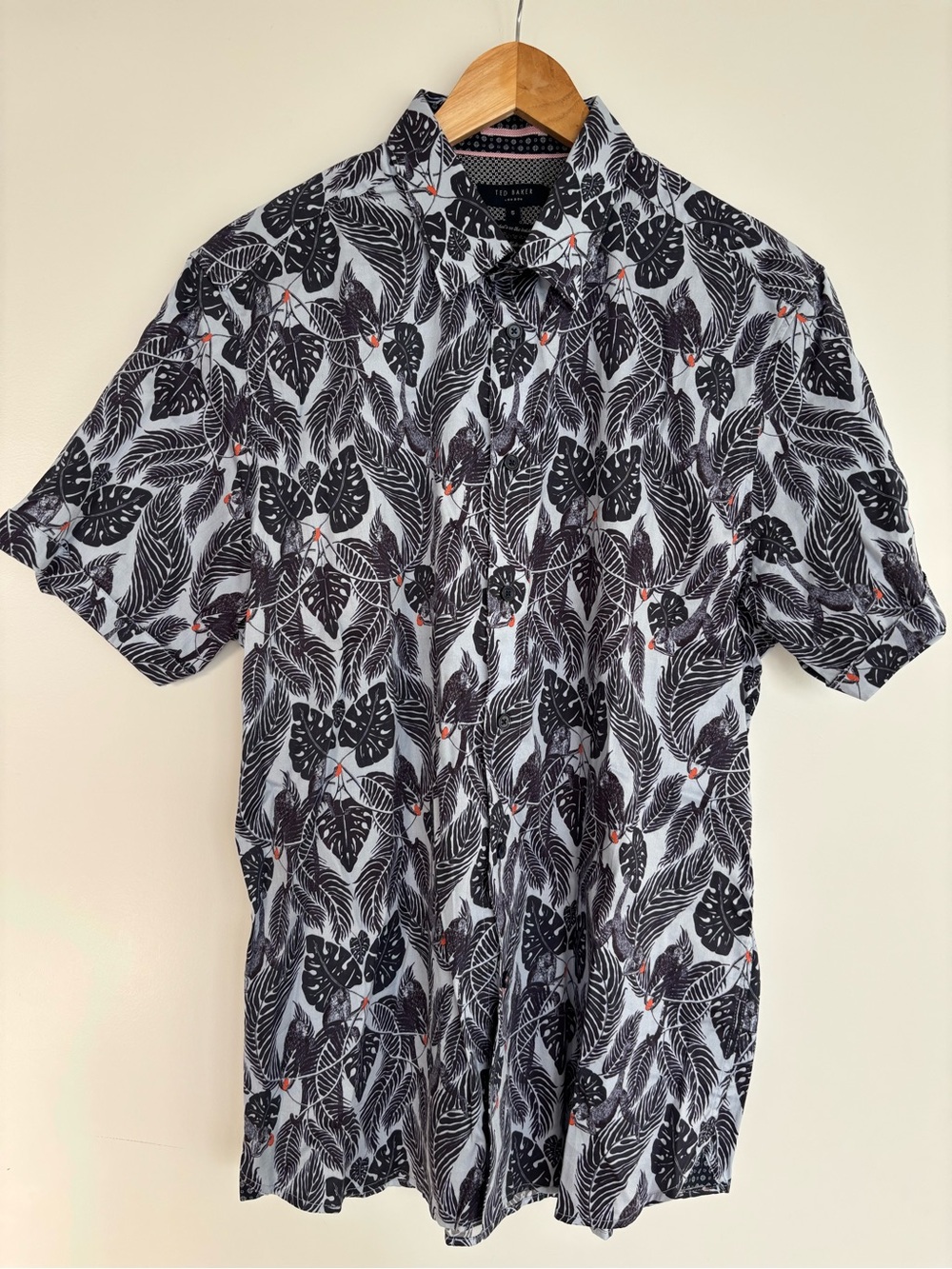 Ted Baker 21” PTP Men's Torch Monkey Leaf Print Short Sleeve Shirt, Blue, Size 5